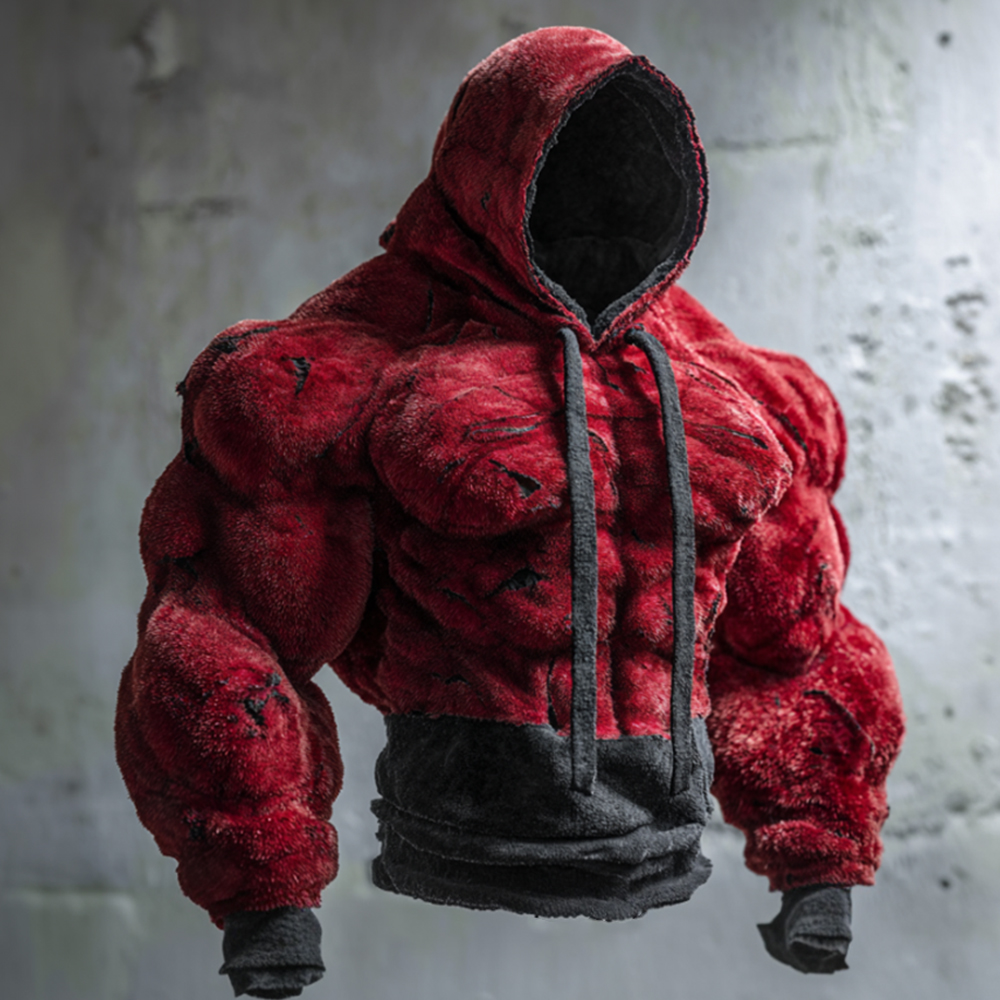 Muscle Line Art Flannel Vintage Warm Hooded Sweatshirt