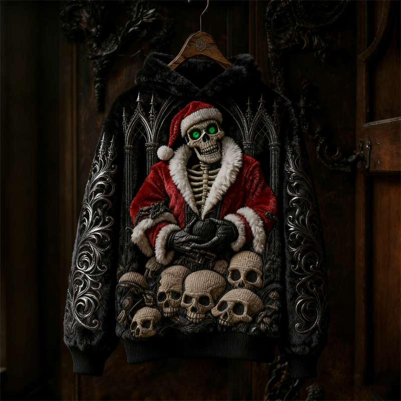 Gothic Dark Christmas Skeleton Santa Claus Skulls Cozy Plush Hoodie