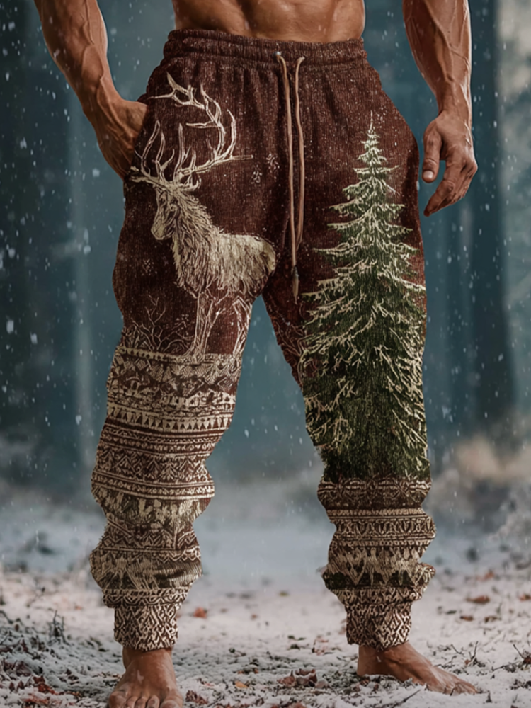 Men's Retro Christmas Reindeer Print Flannel Long Pants