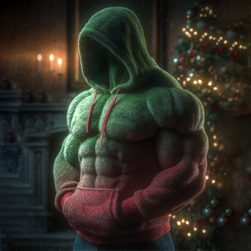 Christmas Santa Patchwork Plush Men's Hooded Flannel Sweatshirt