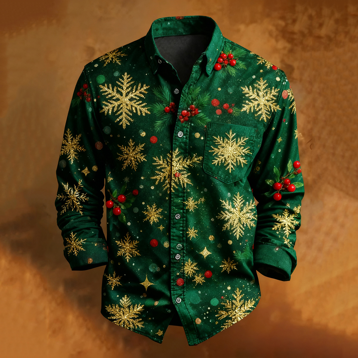Men's Christmas Snowflake Pattern Casual Long-sleeved Shirt