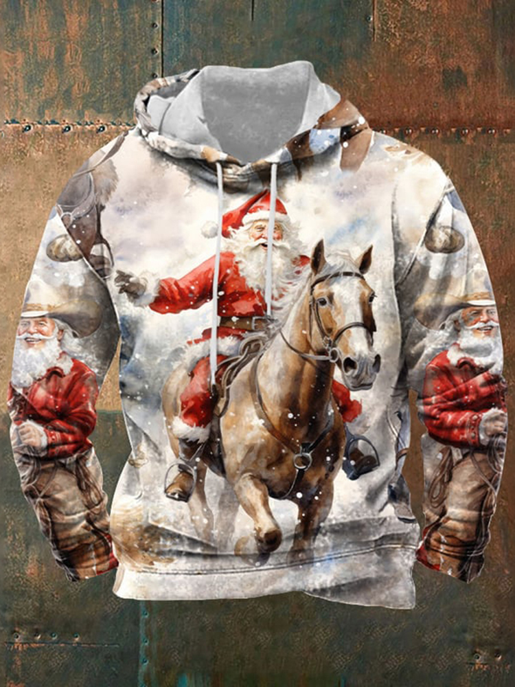 Men's Western Santa Riding Print Hoodie