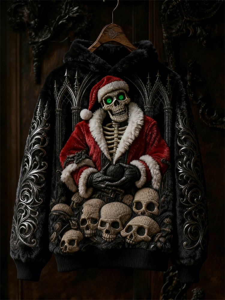 Gothic Dark Christmas Skeleton Santa Claus Skulls Cozy Plush Hoodie