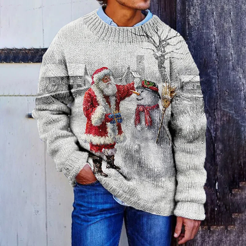 Men's Santa Claus And Snowman Snowy Print Knit Sweater