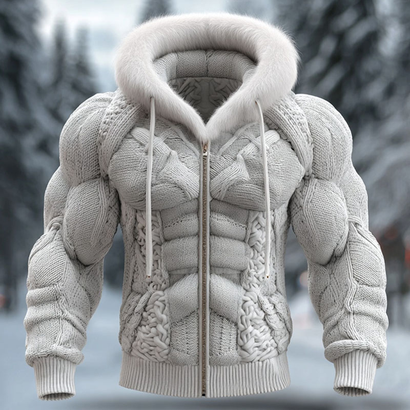 Muscle Line Art Knitted Warm Fur Collar Zipper Sweater