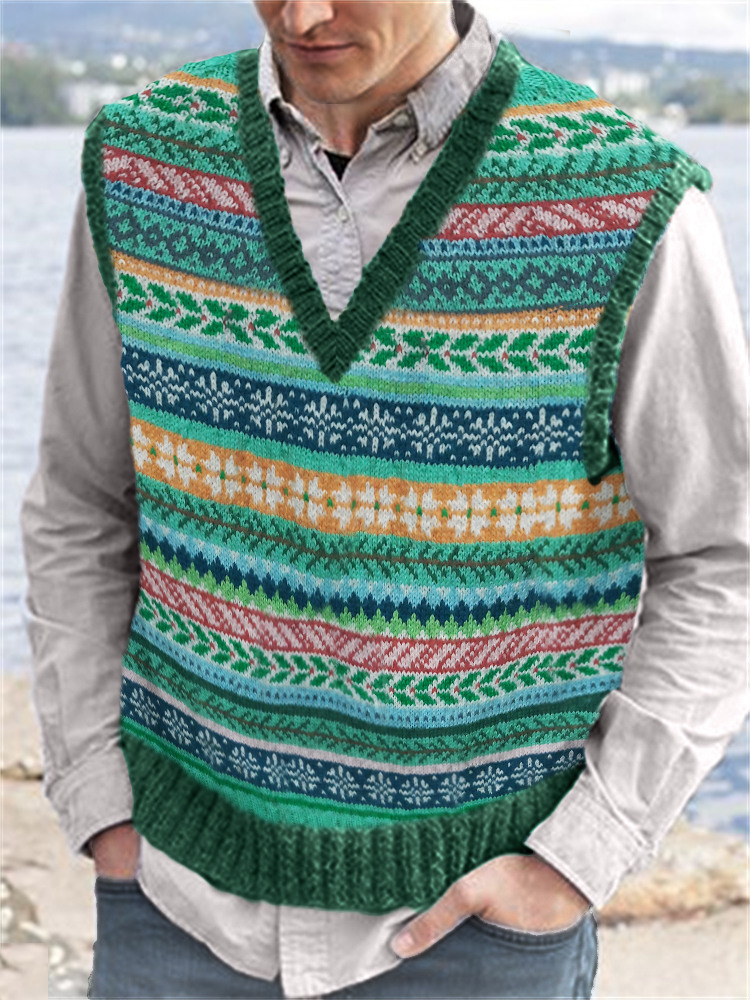 Men's Vintage Colorful Christmas Snowflake V Neck Isle Knit Vest