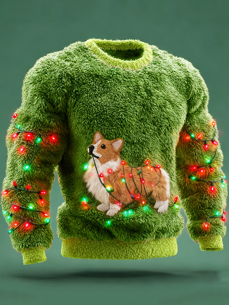 Men's Corgi Dog With Christmas Lights Cozy Plush Sweatshirt