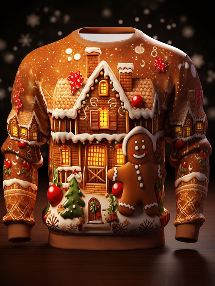 Men's Christmas Gingerbread Print Crew Neck Long Sleeve Casual Sweatshirt