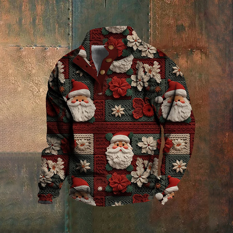 Men's Christmas Print Zippered Stand Collar Button Down Sweatshirt