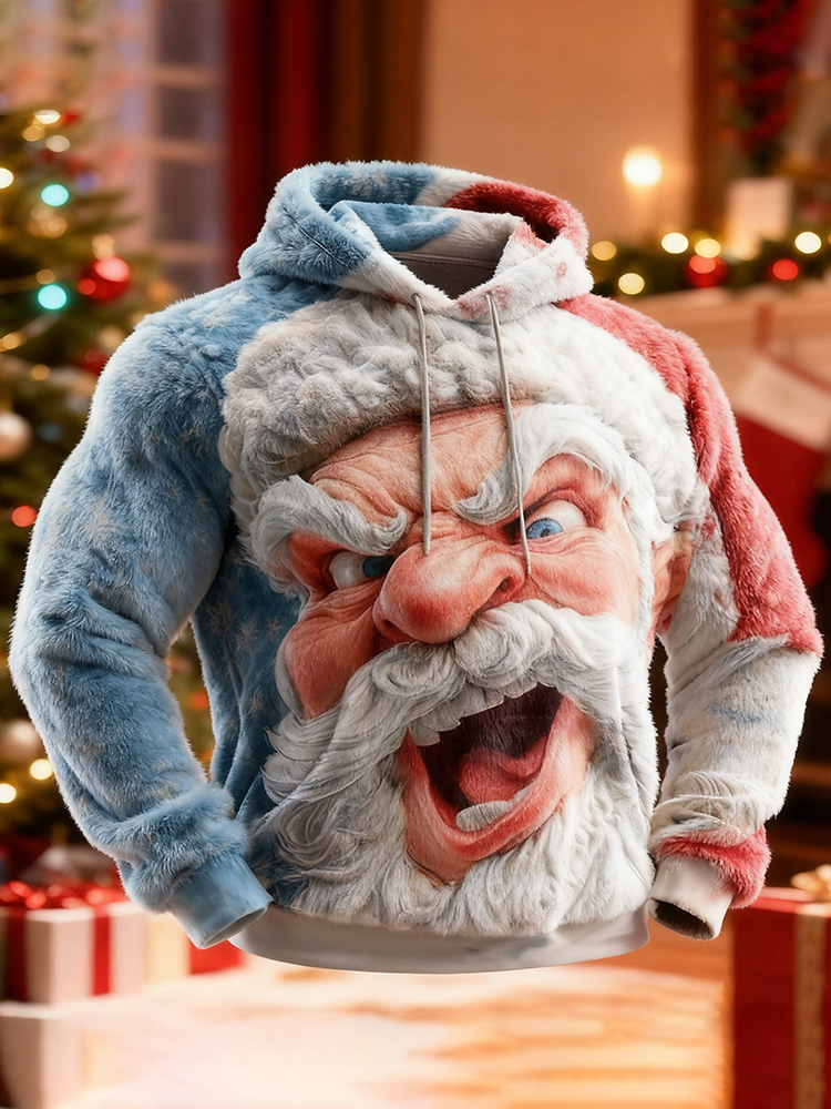 Men's Funny Christmas Santa Claus Pattern Long Sleeve Flannel Hoodie