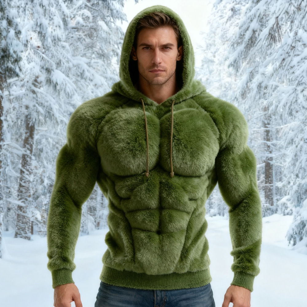 Men's Vintage Muscle Line Art Flannel Warm Cozy Hooded Sweatshirt