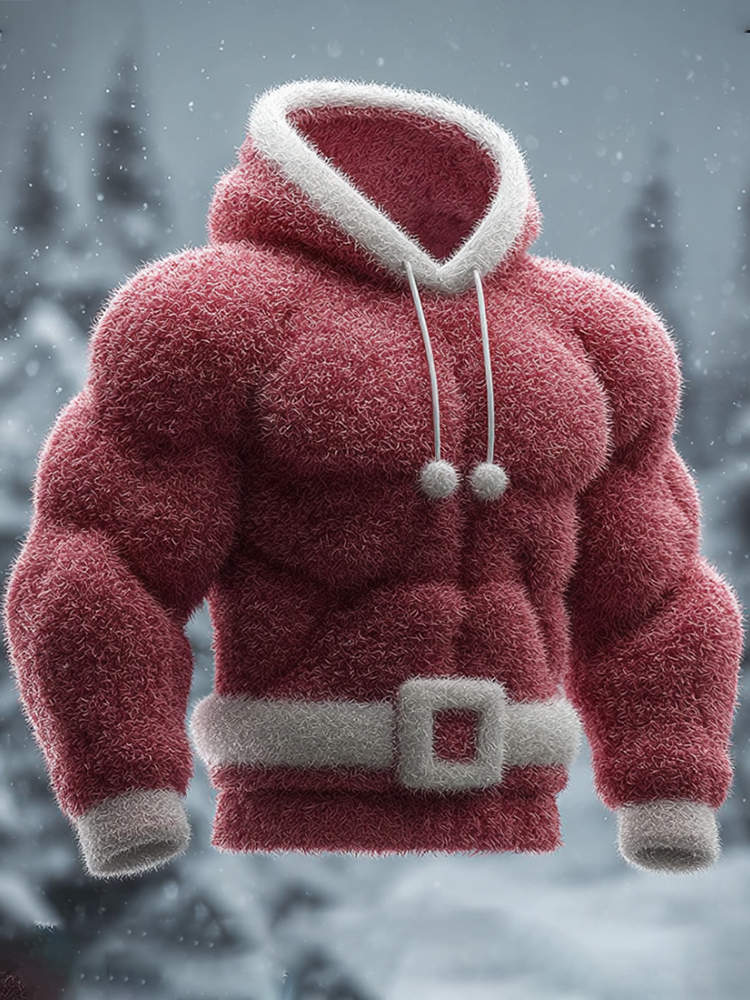 Men's Christmas Muscle Line Art Flannel Hooded Sweater