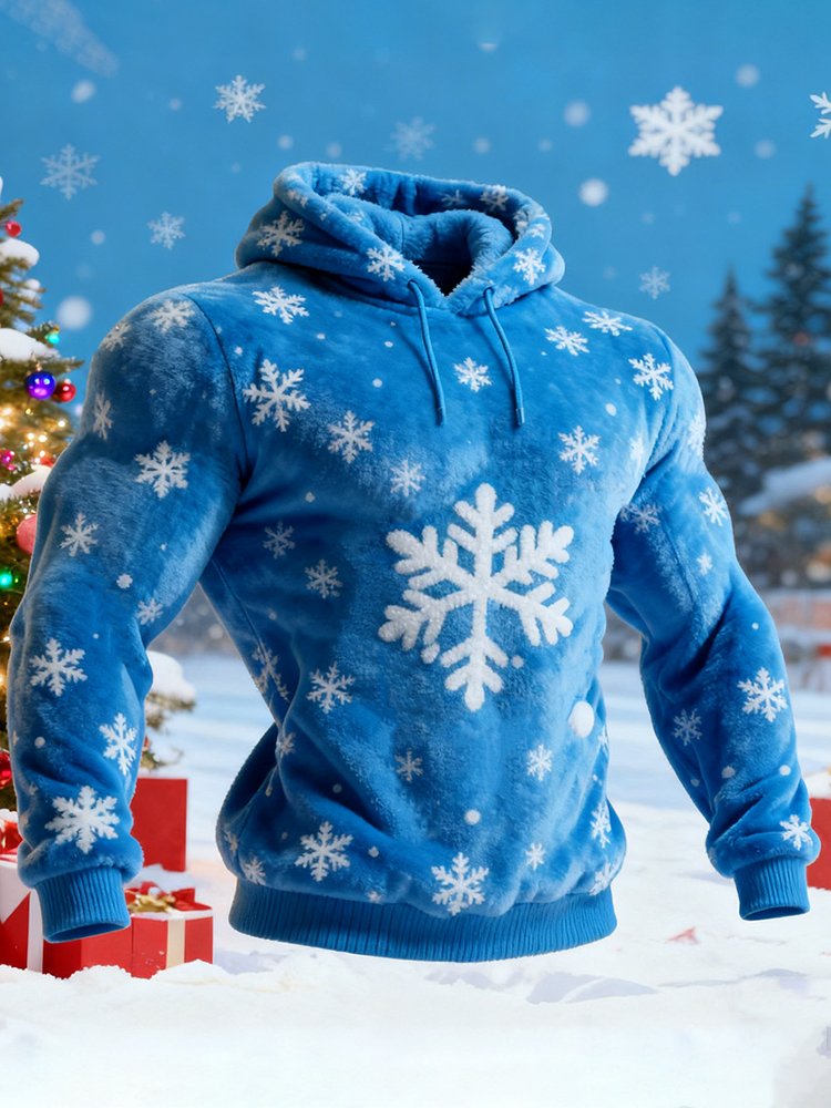 Men's Snowflake Embroidered Print Plush Hoodie