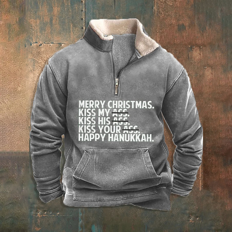 Men's Funny Merry Christmas Merry Kiss My Ass Printed Zipper Fur Collar Sweatshirt