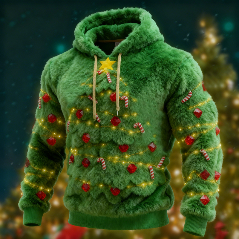 Men's Ugly Christmas Tree Lights Pattern Flannel Hoodie