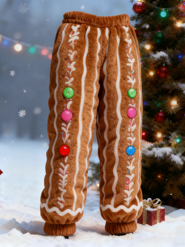 Men's Christmas Gingerbread Pattern Warm Plush Casual Pants