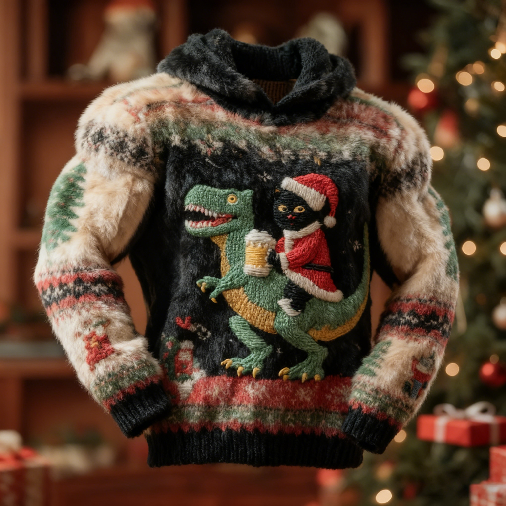 Men's Fun Christmas Cat And Dinosaur Plush Hoodie