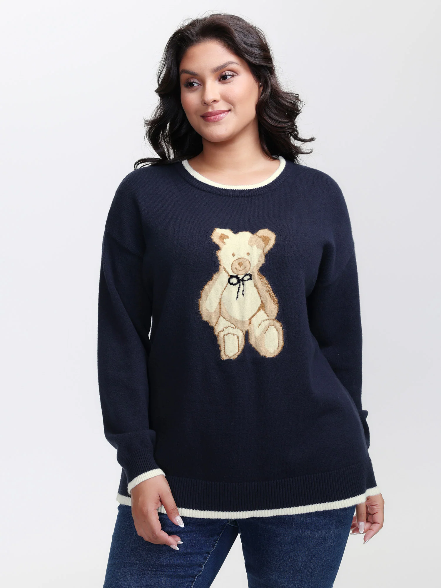 Bear Motif Jacquard Color Contrast Pullover
