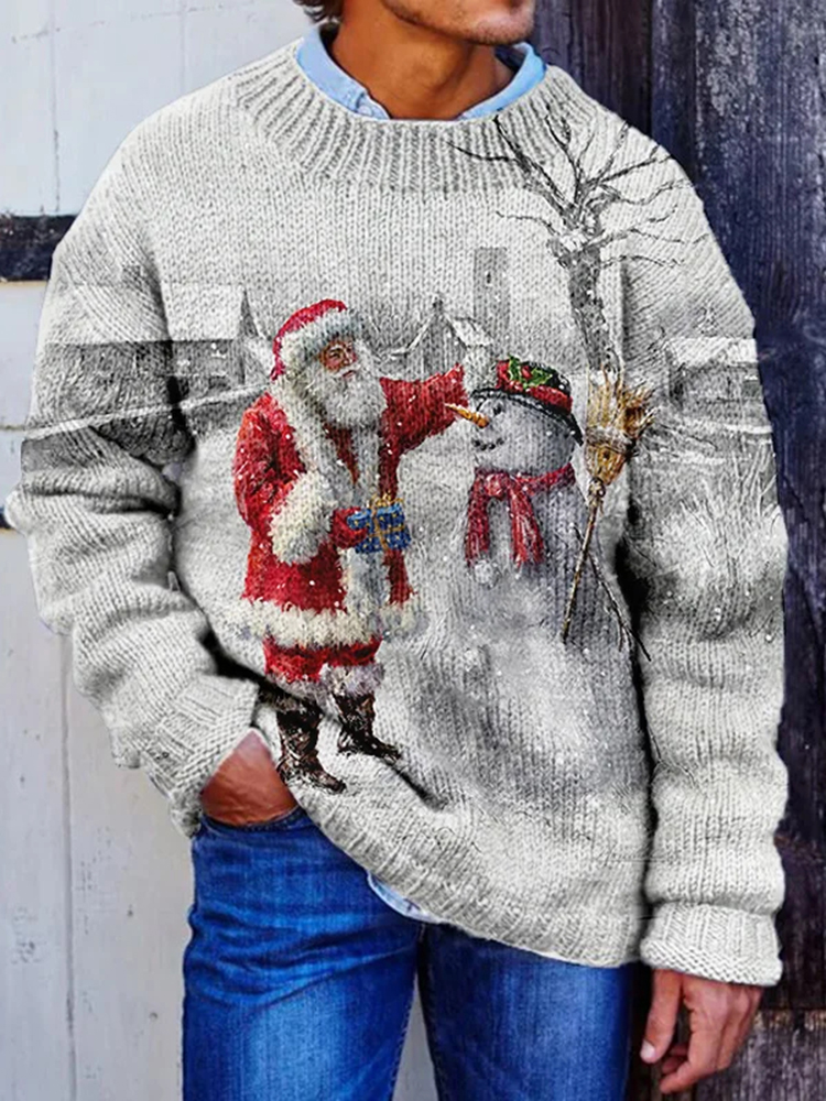 Men's Santa Claus And Snowman Snowy Print Knit Sweater