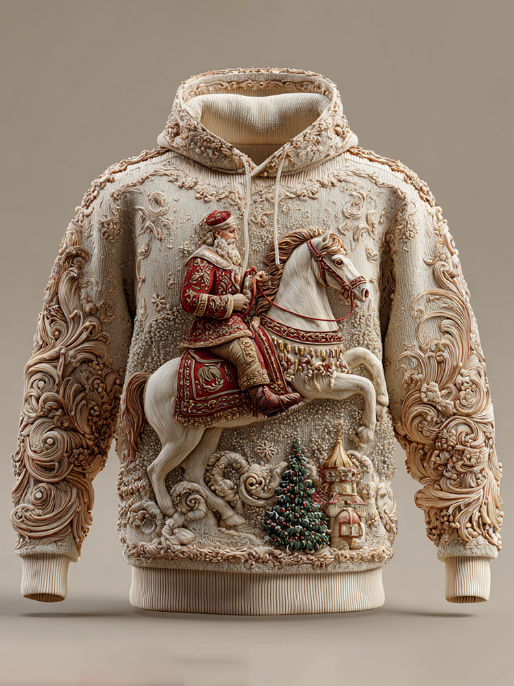 Christmas Santa Claus And White Horse Art Knitted Hooded Sweater