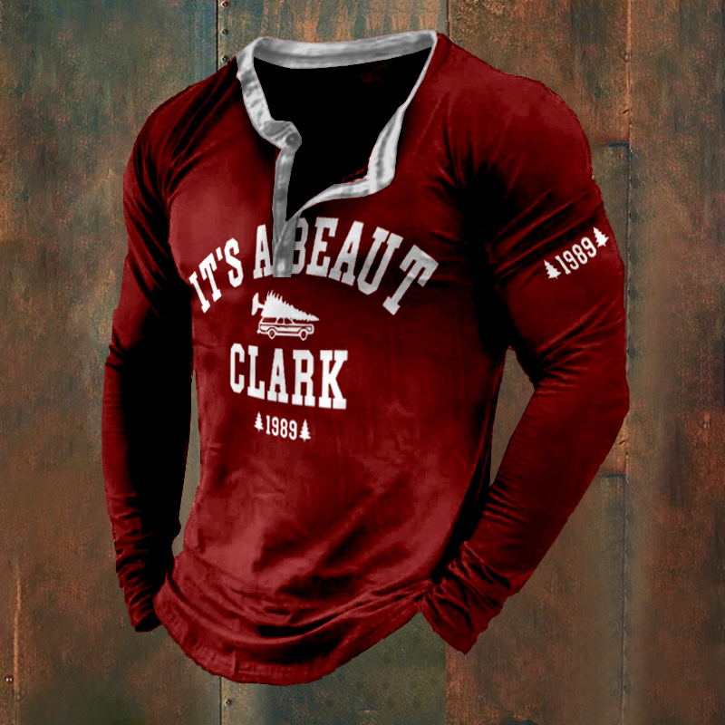 It's A Beaut Clark Christmas 1989 Printed Henley Collar T-Shirt