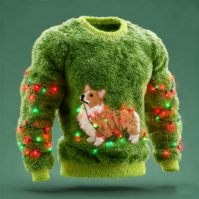 Men's Corgi Dog With Christmas Lights Cozy Plush Sweatshirt
