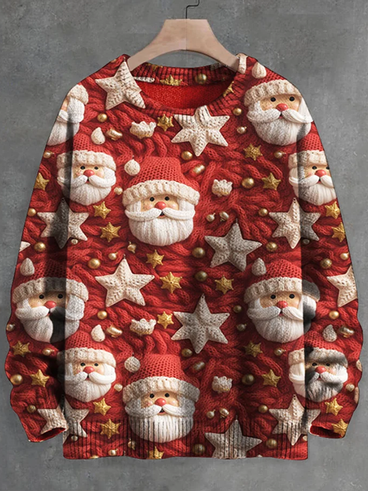 Men's Christmas Stars Santa Graphic Print Casual Knit Crew Neck Sweater