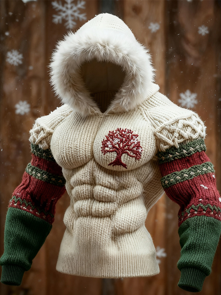 Men's Christmas Viking Tree Of Life Cozy Knit Hooded Sweater