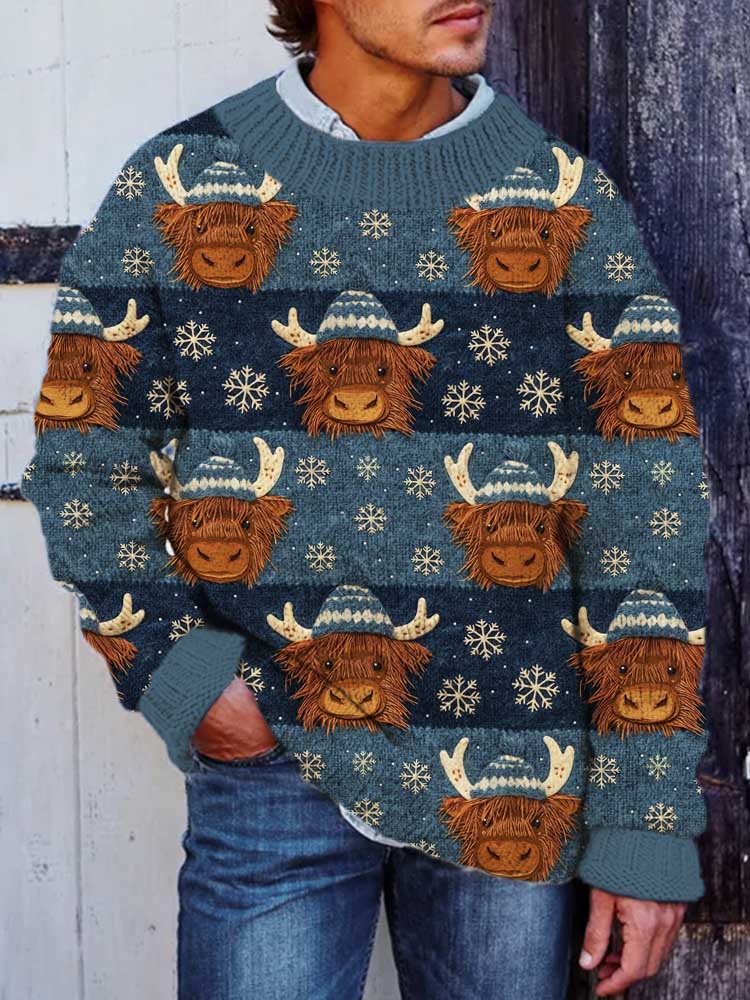 Christmas Snowflake Highland Cow Print Men's Crew Neck Sweater