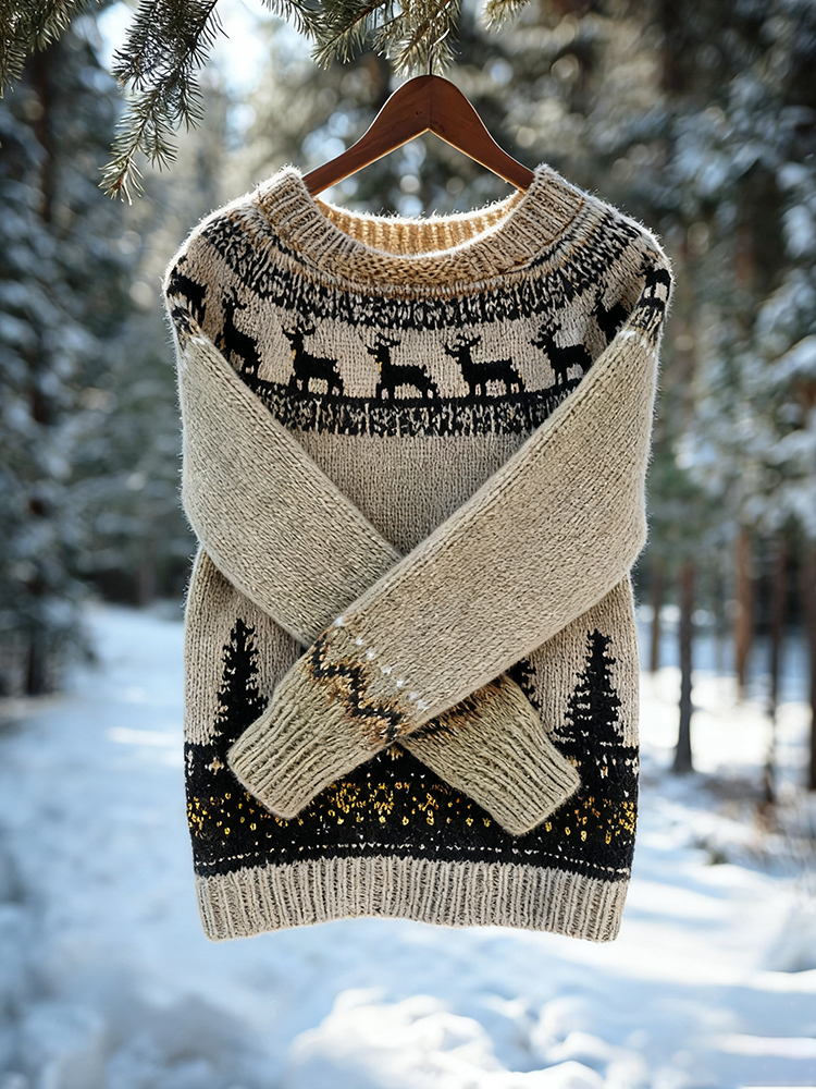 Vintage  Christmas Deer Art  Icelandic Knit Jacquard Warmthcrew Neck Sweater(unisex)
