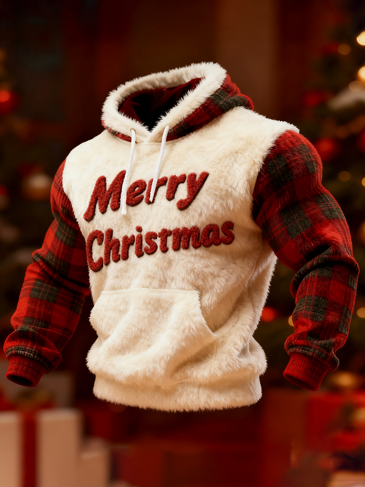 Men's Christmas Merry Christmas Patchwork Plaid Flannel Hoodie