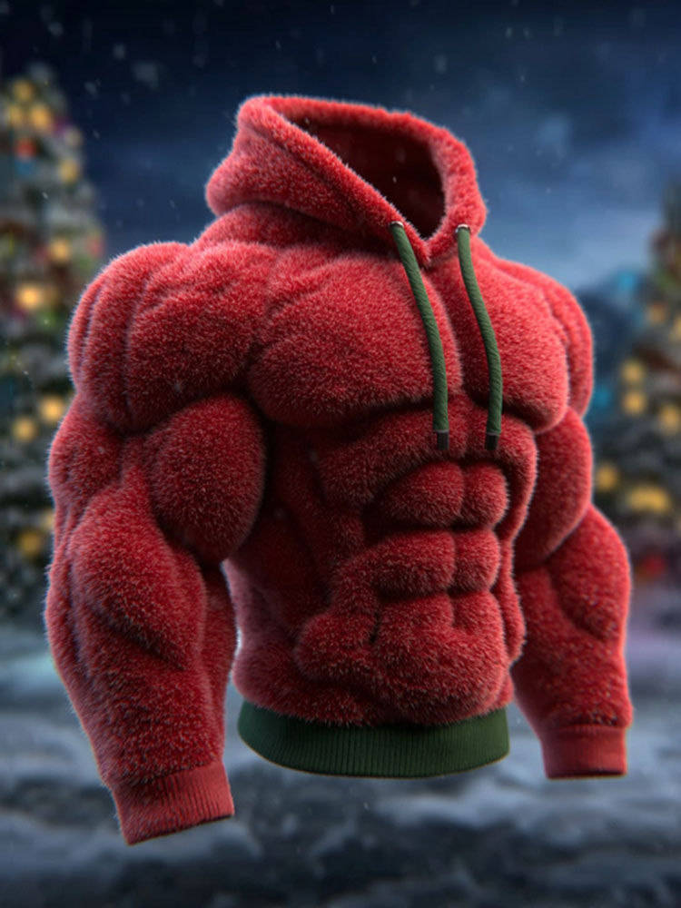 Men's Vintage Muscle Line Art Flannel Cozy Hooded Sweatshirt