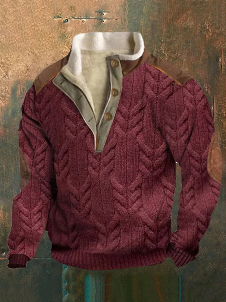 Men's Retro Knitted Patchwork Jacquard Stand Collar Button Christmas Sweatshirt