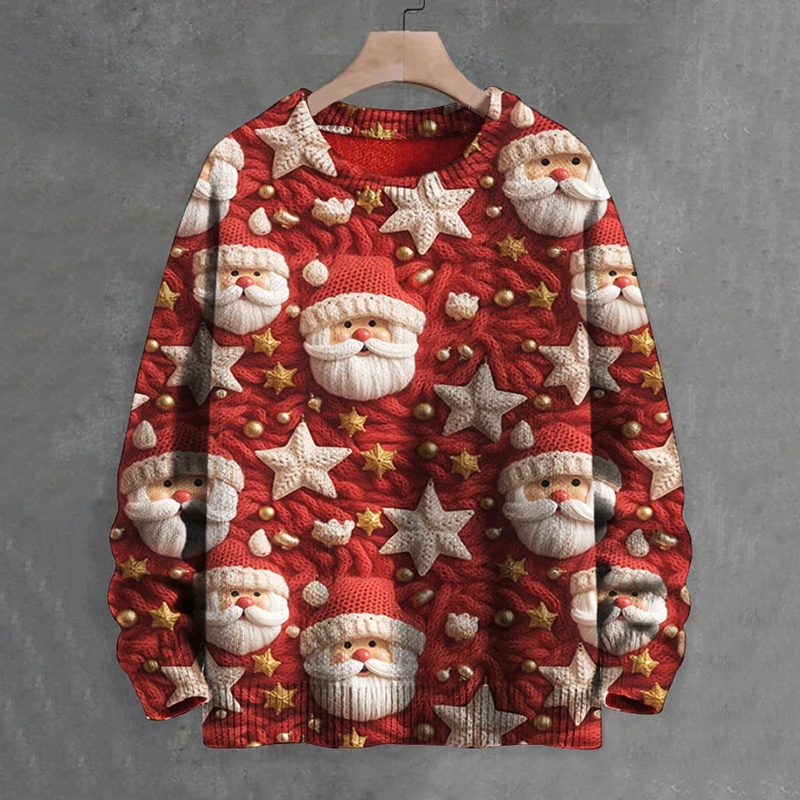 Men's Christmas Stars Santa Graphic Print Casual Knit Crew Neck Sweater