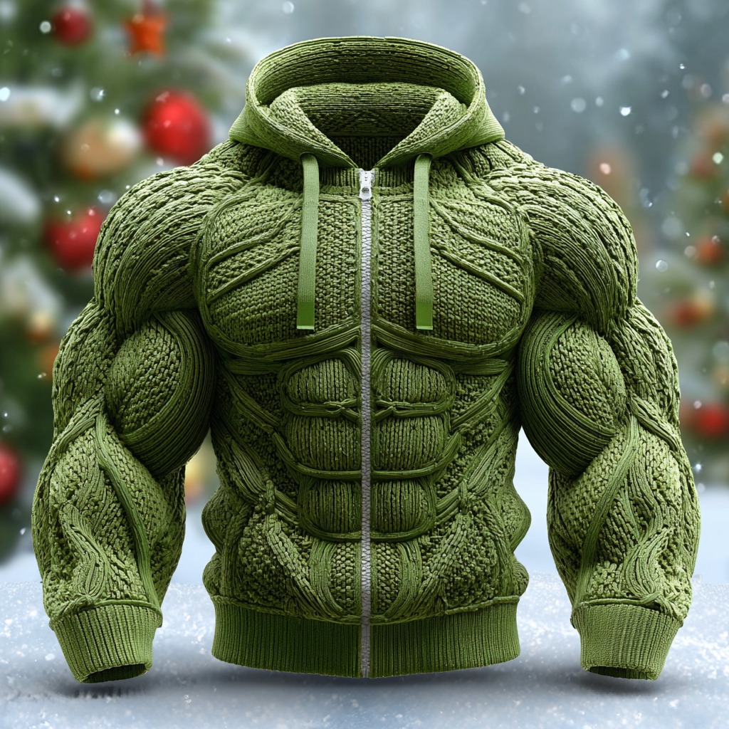 Christmas Men's Muscle Lines Design Zipper Knit Hooded Sweater