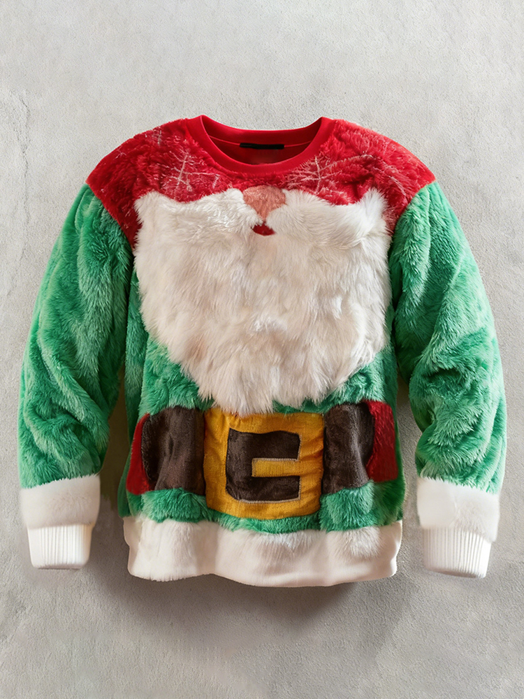 Men's Fun Santa Claus Color Block Crew Neck Plush Sweatshirt