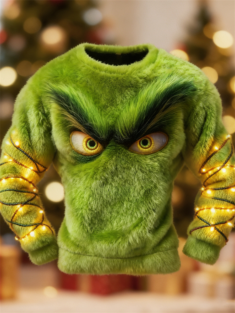 Men's Christmas Lights Monster Eyes Cozy Plush Sweatshirt