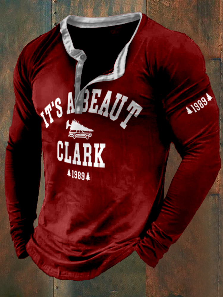 It's A Beaut Clark Christmas 1989 Printed Henley Collar T-Shirt