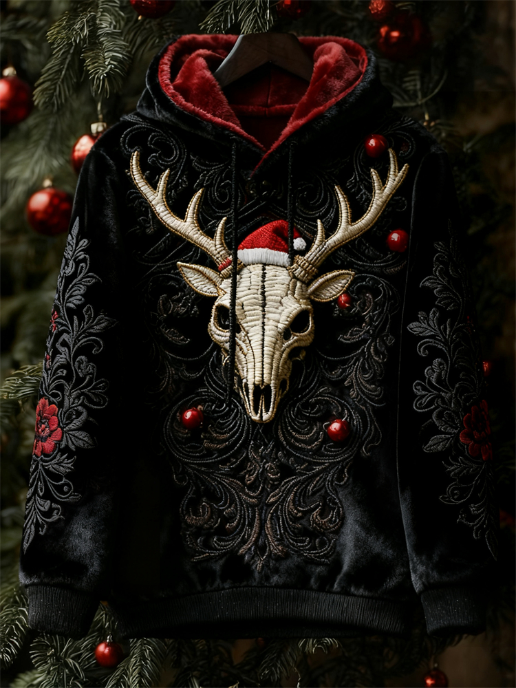 Gothic Dark Christmas Reindeer Skull Floral Cozy Plush Hoodie