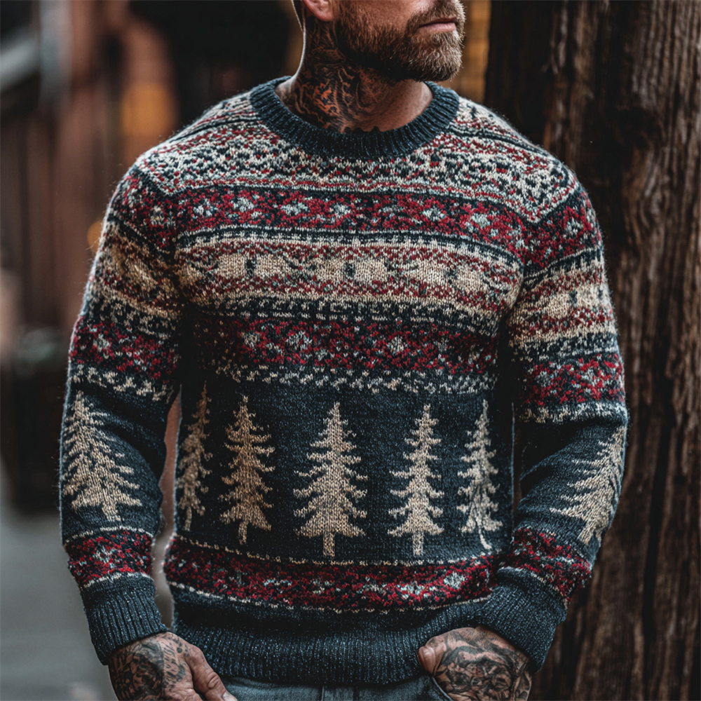 Retro Christmas Tree Stripe Design Men's Icelandic Sweater