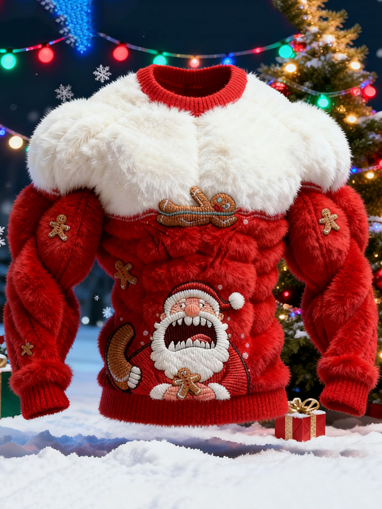 Men's Spoof Santa Claus Eating Gingerbread Pattern Color Blocked Ugly Sweater