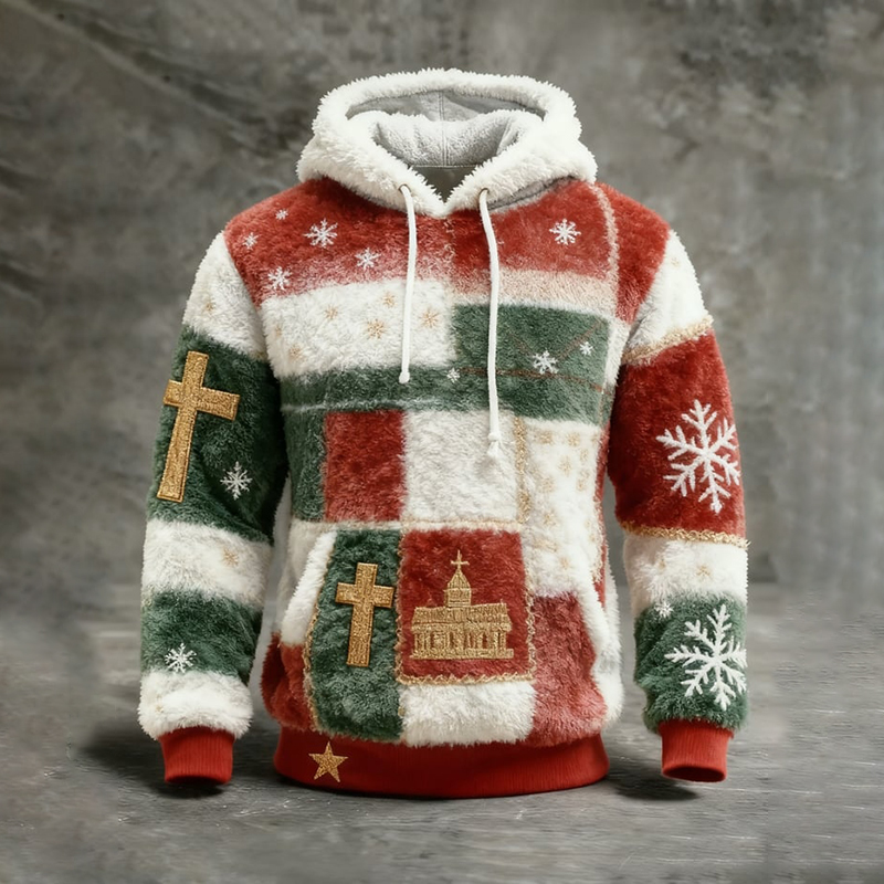 Men's Vintage Christmas Cross Print Warm Hoodie