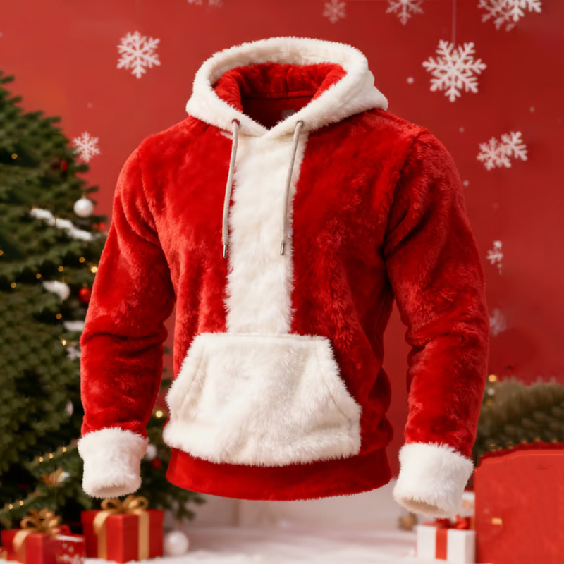 Christmas Santa Patchwork Plush Men's Hooded Flannel Sweatshirt