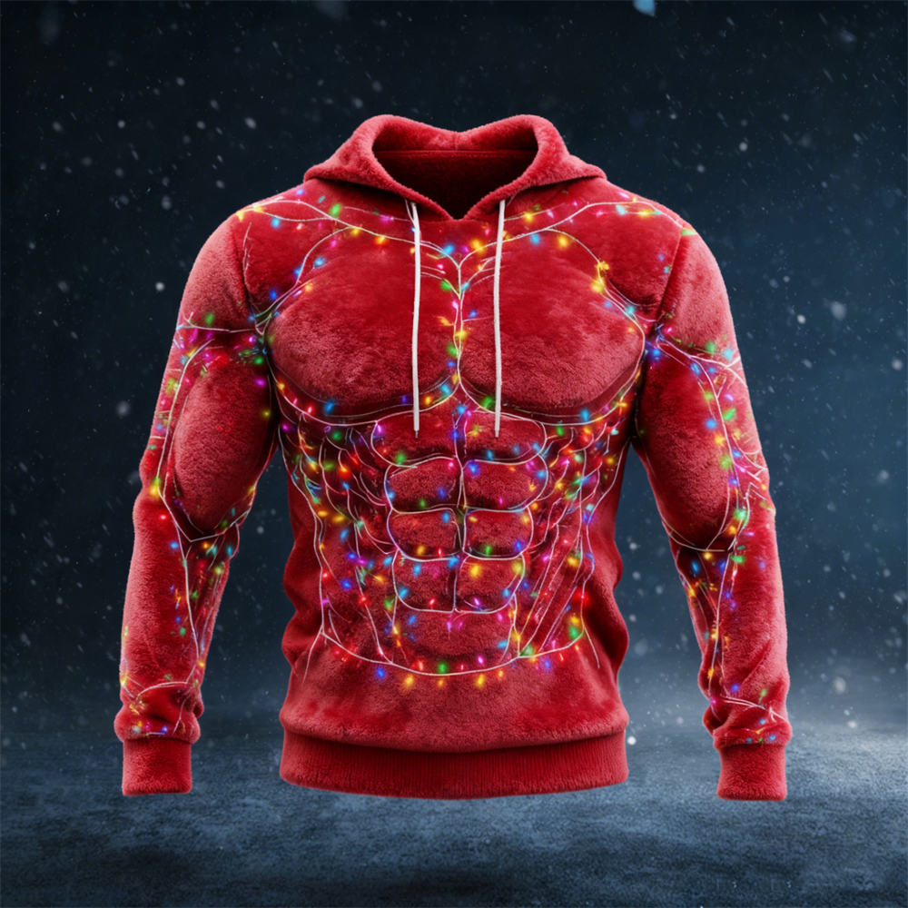 Christmas Lights & Muscle Contour Design Men's Hooded Flannel Sweatshirt