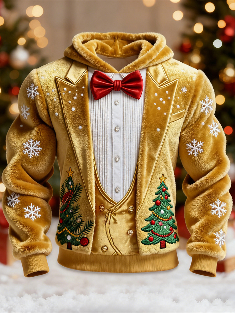 Christmas Gold Two-piece Set Design Men's Flannel Hooded Sweatshirt