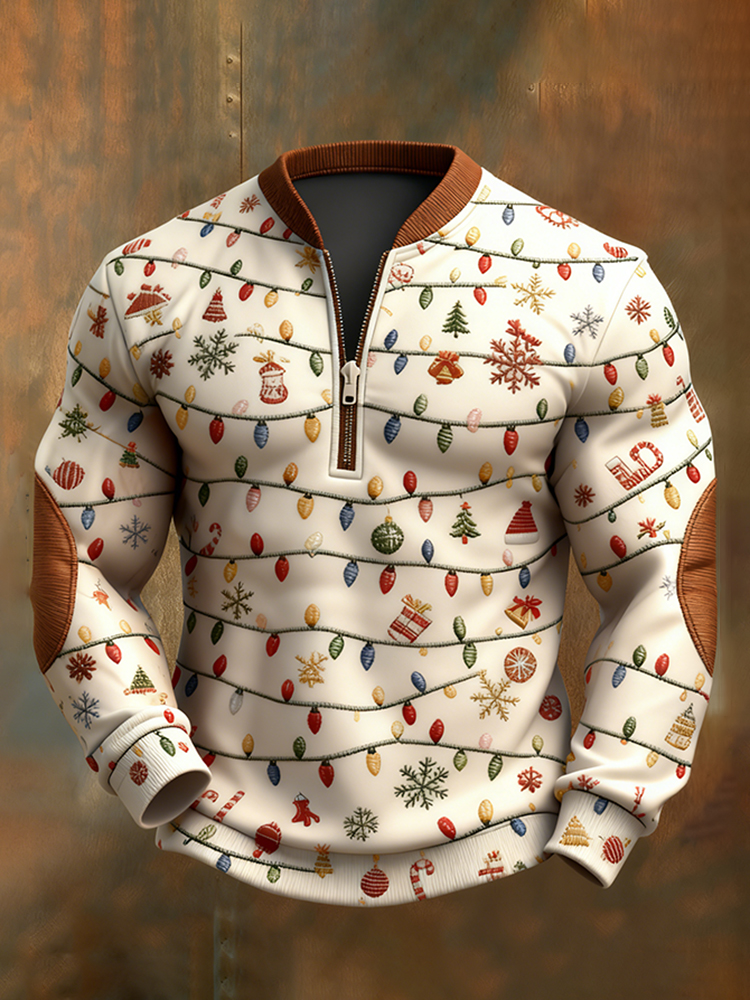 Retro Fun Christmas Light Print Zip-up Sweatshirt