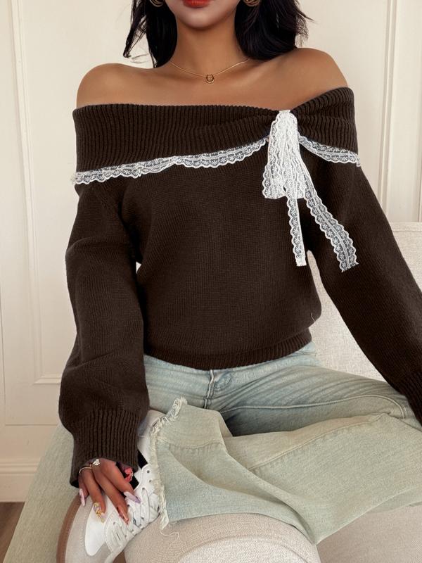 Women's off Shoulder Lace Bow Long Sleeve Pullover Sweater