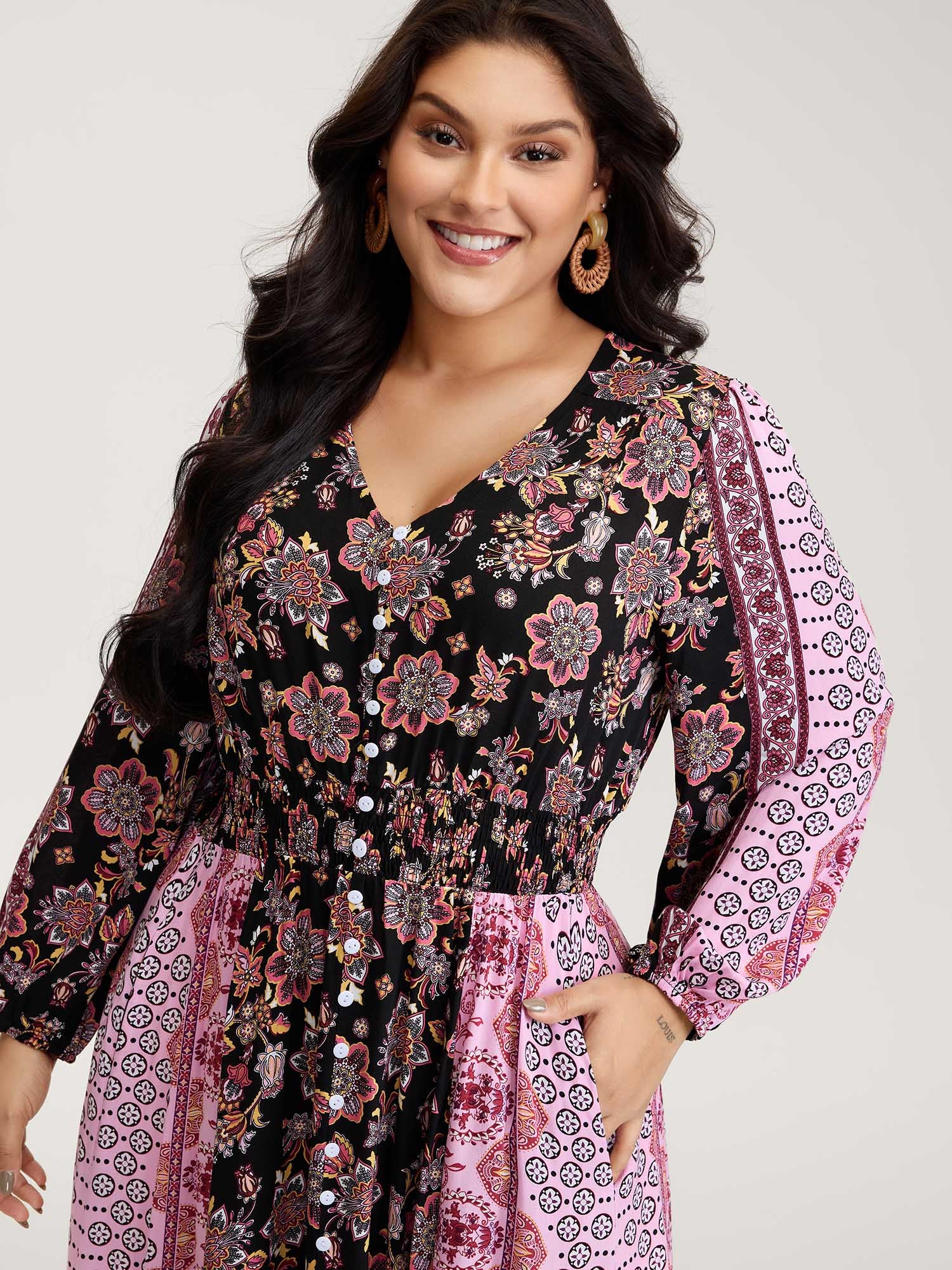 Floral Print Contrast Stripe Button Maxi Dress