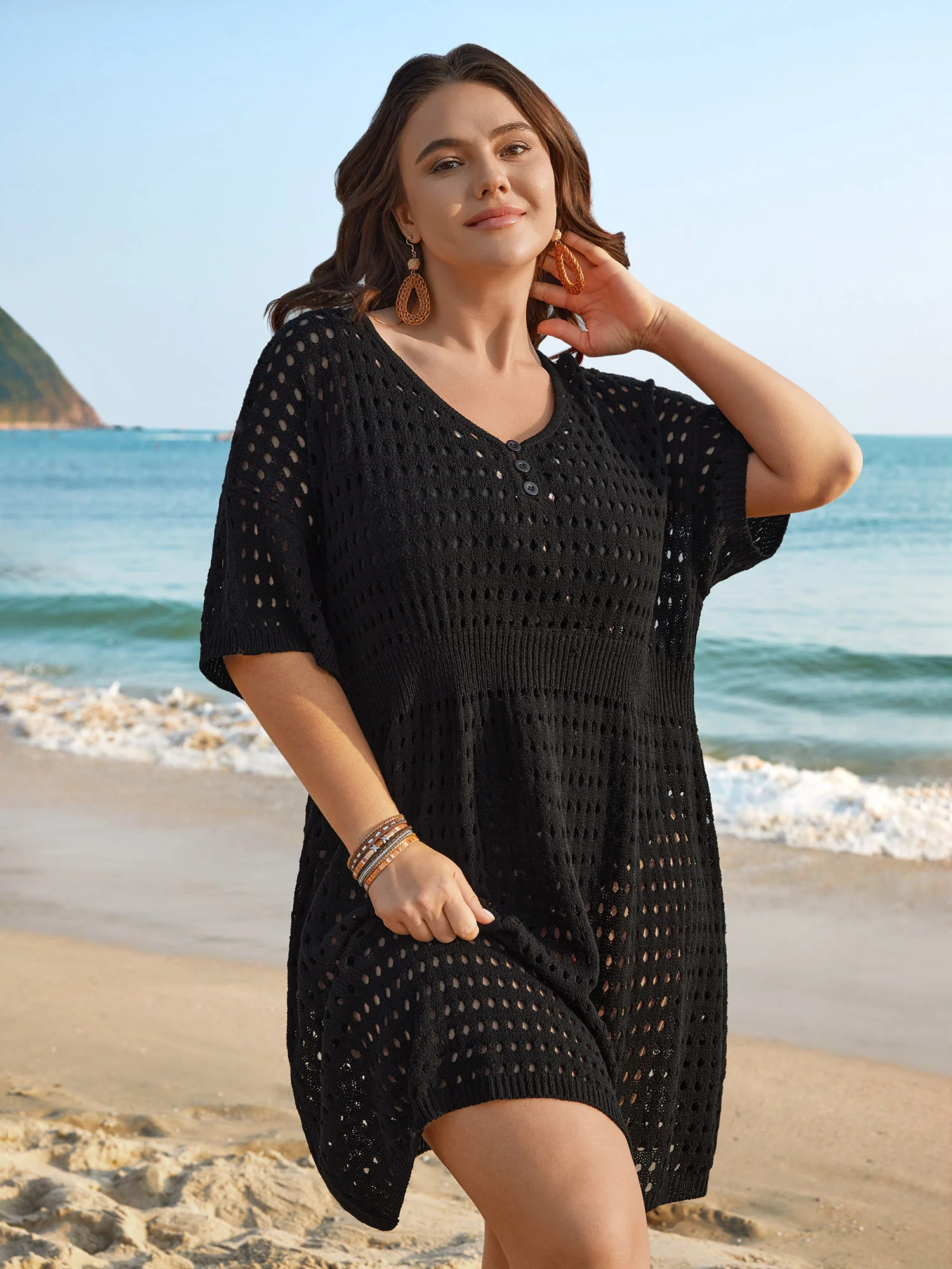 Cut-Out Waist-Cinched Button Swim Cover-Up