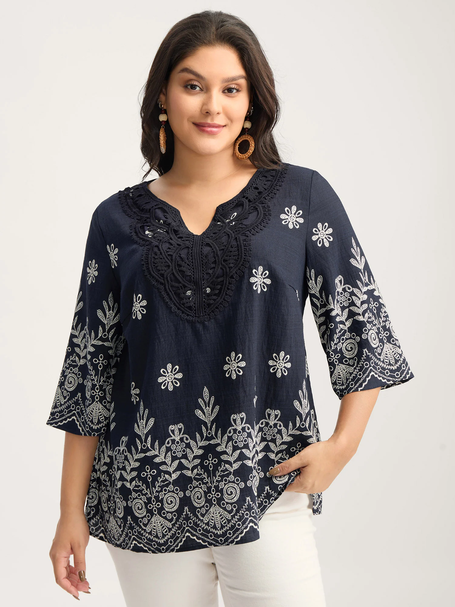 Boho Print Lace Neck Blouse